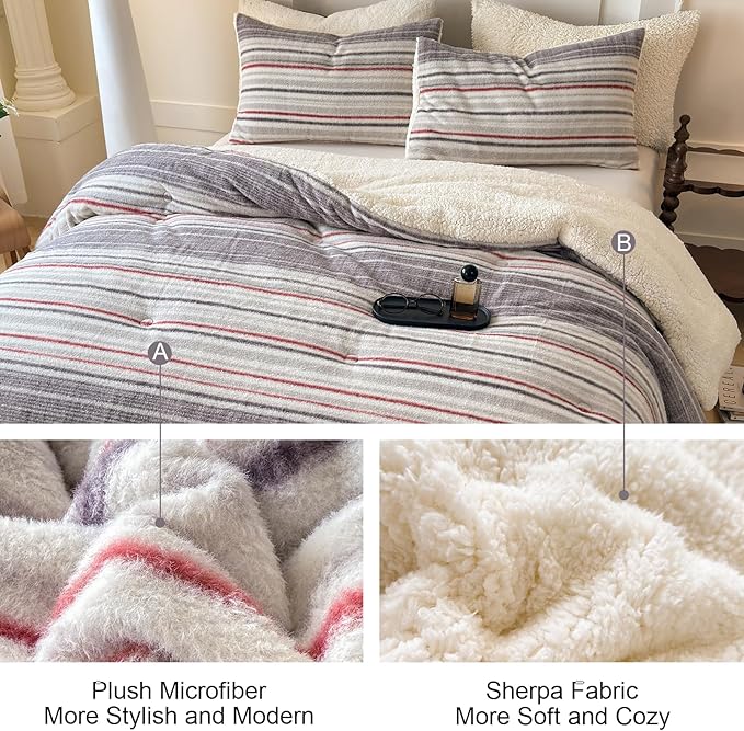 Cyusri Striped Sherpa Comforter Set 3Pcs Fluffy Warm Fleece Down Alternative, Grey Red Bedding Set with 2 Pillowcases, King Size 104"x90"