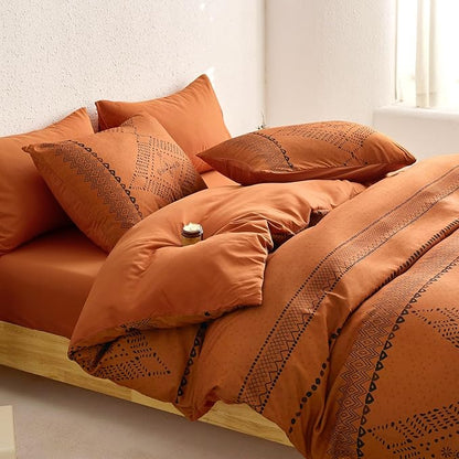 Wake In Cloud - Boho Comforter Set, Farmhouse Bohemian Western Aztec Neutral Aesthetic, Soft Lightweight Bedding, 3 Pieces, Burnt Orange, Full Size