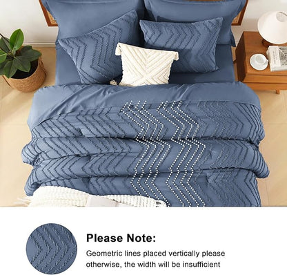 Litanika King Size Comforter Set with Sheets Ocean Blue - 7 Pieces Bed in a Bag King Chevron Tufted Complete Bedding Sets with Comforter, Sheets, Pillowcases & Shams