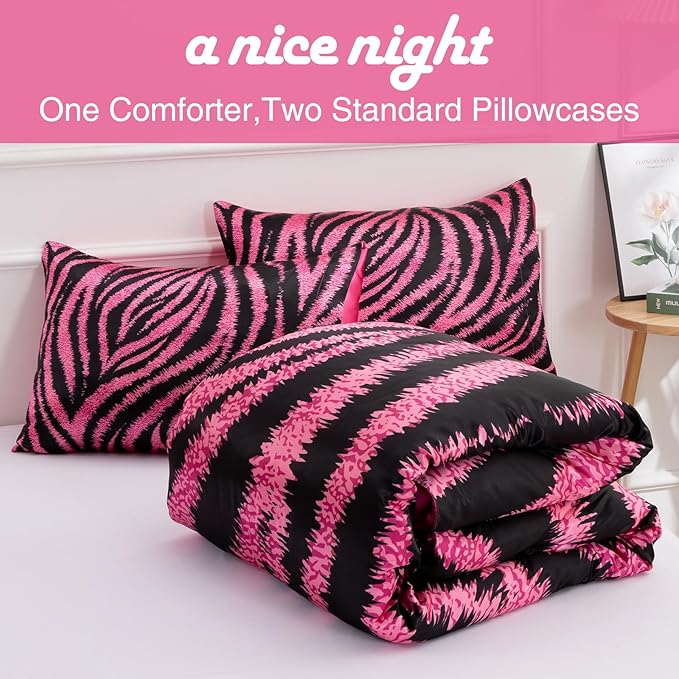 A Nice Night Zebra Printed,Satin Silky Soft Quilt Sexy Luxury Super Soft Microfiber Comforter Quilt Bedding Comforter Set, Light Weighted (Rose, Queen(88-by-88-inches))