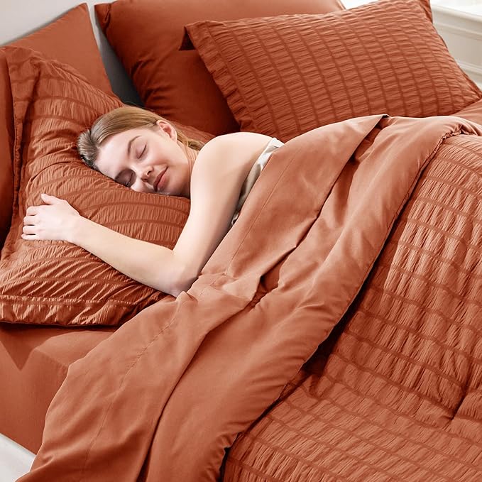 CozyLux Full Size Comforter Sets with Sheets Seersucker 7 Pieces Burnt Orange Bed in a Bag Luxury Terracotta Bedding Set with Down Alternative Comforter, Sheets, Pillowcases & Shams for All Seasons