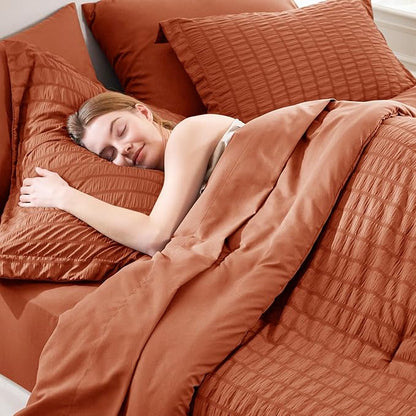 CozyLux Queen Comforter Set Burnt Orange Seersucker 7 Pieces Bed in a Bag Queen Comforter Set with Sheets Terracotta Luxury Bedding Set with Down Alternative Comforter, Sheets, Pillowcases & Shams