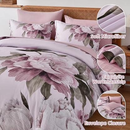 Dobuyly Pink Full Size Comforter Set 7 Piece Bed in a Bag, Blush Floral Printed on Light Pink Comforter Set with Sheets, Soft Microfiber Botanical Bedding Set for All Season