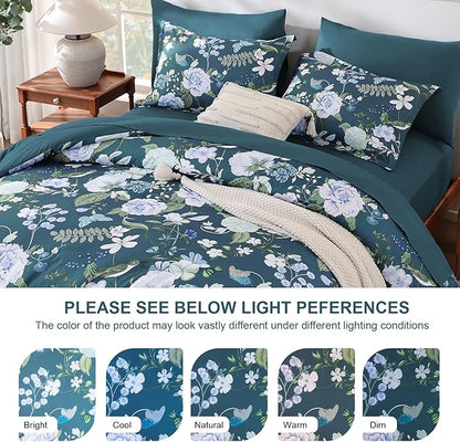Anibedding 7Pieces Floral King Size Comforter Set, Garden Plant Flower Style Bed in a Bag Blue Bedding Comforter Set with Pillow Case for Bedroom