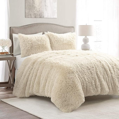 Lush Decor Emma Faux Fur Comforter Queen Size 3 Piece Set Full/Queen Wheat - Beige Bedding Set Queen Comforters - Fluffy Comforter - Modern Decor