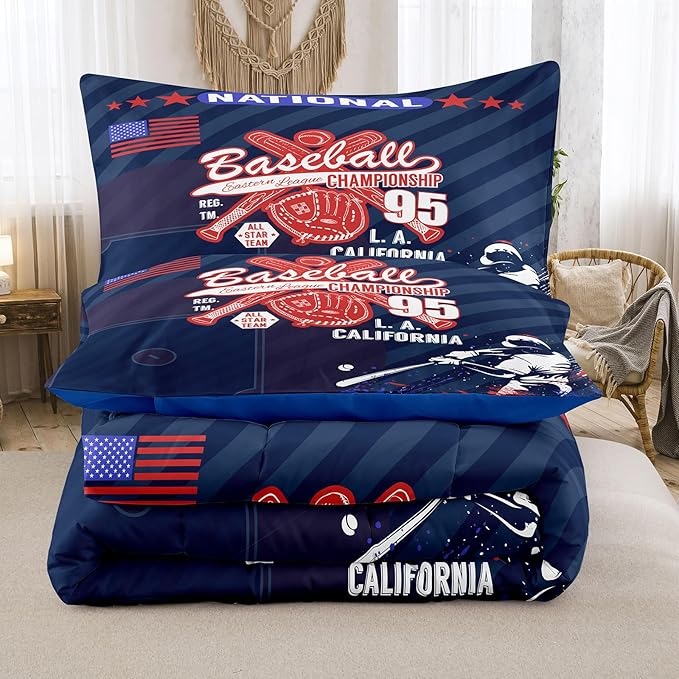 NINENINE Kids Baseball Comforter Set Queen Size, 3 Pieces Blue Boys Baseball Bedding Sets Queen, Sports Comforter Sets for Boys Girls Kids with 2 Pillowcases