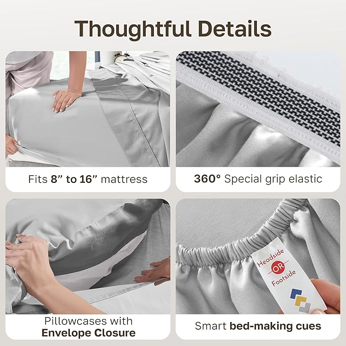 100% Egyptian Cotton Bedsheets, California King Bed Sheets, Certified Authentic Luxury Bedding Sheets & Pillowcases Set, Deep Pocket, Breathable Sateen Bedsheets for Hot Sleepers, Light Grey Sheets