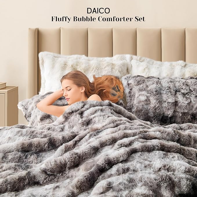 DAICO 3 Pieces Fluffy Faux Rabbit Fur Comforter Set Plush Fuzzy Bubble Comforter Bedding Set Warm Cozy Bedding Comforter Sets for Winter, 1 Comforter and 2 Pillowcases, Queen Size, Tie Dye Grey