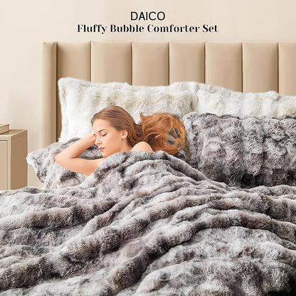 DAICO 3 Pieces Fluffy Faux Rabbit Fur Comforter Set Plush Fuzzy Bubble Comforter Bedding Set Warm Cozy Bedding Comforter Sets for Winter, 1 Comforter and 2 Pillowcases, Queen Size, Tie Dye Grey