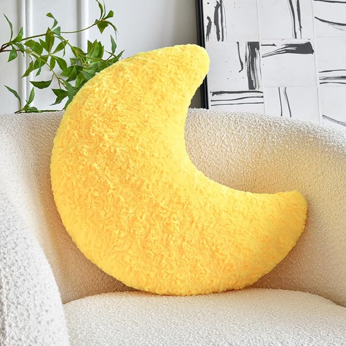 Moon Shaped Pillow with Soft Faux Fur for Couch, Bed, Sofa - Cute Half Moon Pillows with Room Decor for Bedroom, Living Room (19 Inches, Yellow)