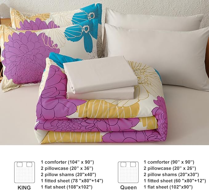 Yiran Pink Teal Beige Comforter Set King Size,7 Pieces Bed in a Bag Colourful Floral Comforter Boho Microfiber Lightweight Bedding Set for All Season (104''x90'')