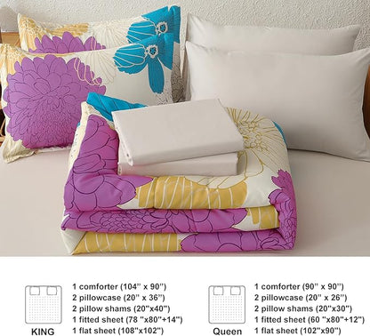Yiran Pink Teal Beige Comforter Set Queen Size,7 Pieces Bed in a Bag Colourful Floral Comforter Boho Microfiber Lightweight Bedding Set for All Season (90''x90'')