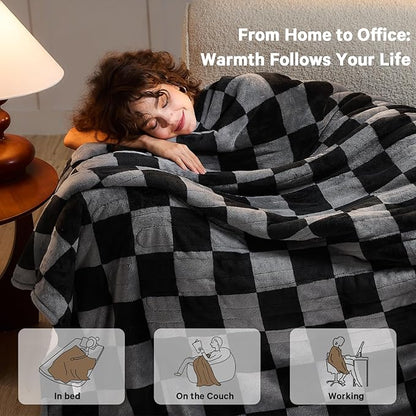 Heated Electric Blanket Throw, 50X60 Heating Blanket with 10 Heat Level & 8 Hours Auto Off for Lap, Black Gray Checkered Plaid Soft Sherpa Blankets Warmer Gifts for Couch Grandma Women Adults