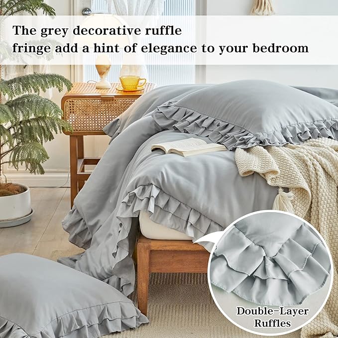 Grey Ruffled Comforter Set King Size, 3 Pieces (1 Ruffled Comforter and 2 Pillowcases) Farmhouse Shabby Chic Style with 2 Layers Ruffle, Solid Color Lightweight Fluffy Bedding Sets for All Season