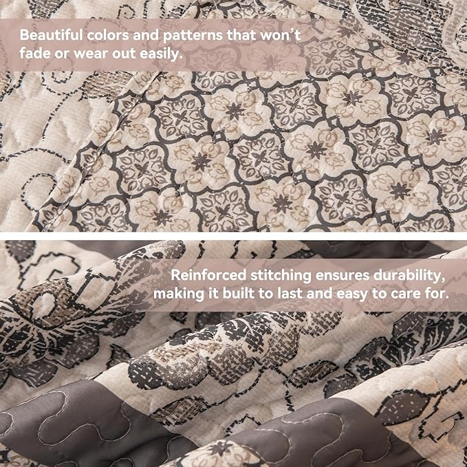 Nordic Style Twin Size Comforter Quilt Sets -2 Pieces Red Quilts 100% Cotton(1Quilt,1 Pillow Shams) with Reversible Bedspreads Bohemian Patchwork Bedding Set Sleep Companion(Grey)