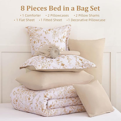 WONGS BEDDING Queen Size Comforter Set, 8 Pieces Autumn Leaf Floral Bed in a Bag Comferter Sets, Botanical Print Soft Fluffy Microfiber Complete Bedding Sets for All Season (90"x90")