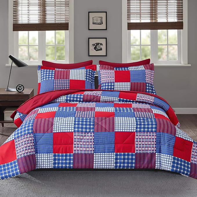 Comforter Set Queen Size Plaid Patchwork Comforter Bedding-7 Piece Bed in a Bag,Soft Reversible Microfiber Bedding Set(1 Comforter,1 Flat Sheet,1 Fitted Sheet,2 Pillowcases,2 Pillow Shams)Red Blue
