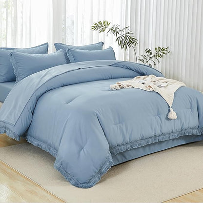 Andency Queen Comforter Set with Sheets Grayish Blue -7 Pieces Boho Tassel Bed in a Bag Soft Lightweight Bedding Sets, All Season Fringe Bed Set with Comforter, Sheets, Pillowcases & Shams