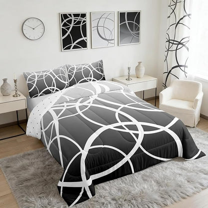 Castle Fairy Gray Gradient Comforter Set Queen Size,Geometric Circles Bedding Set for Kids Boys Girls Bedroom Decoration,Stripe Line Art Bed Duvet Insert,Modern Simplicity Comforter with 2 Pillowcase