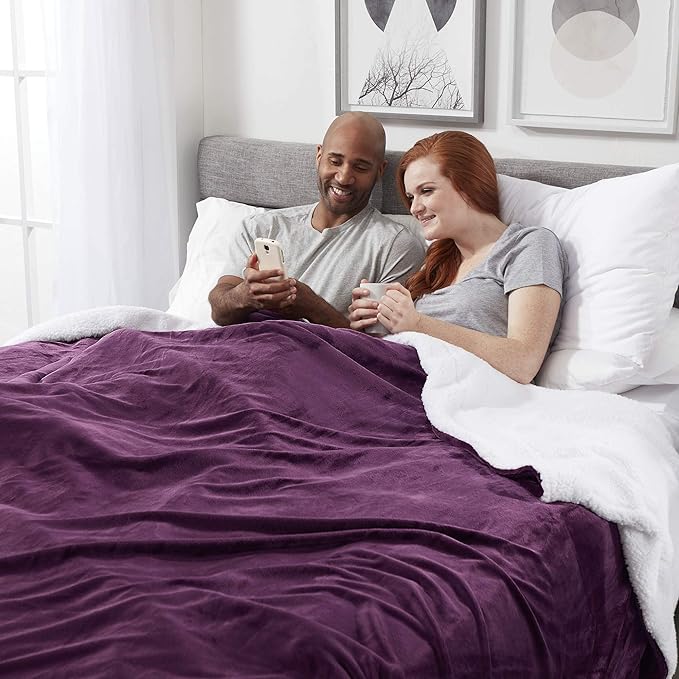 Genteele Sherpa Throw Blanket Super Soft Reversible Ultra Luxurious Plush Blanket, 102 x 90 inches, Rich Purple/White