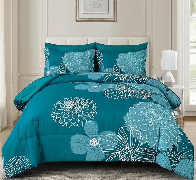 Yiran Full Comforter Set,Teal Elegant Floral Print Bed in a Bag 7 Pieces Comforter,Ultra Soft & Breathable Soft Microfiber Boho Bedding Set with Flat Sheet Fitted Sheet Pillowshams Pillowcases