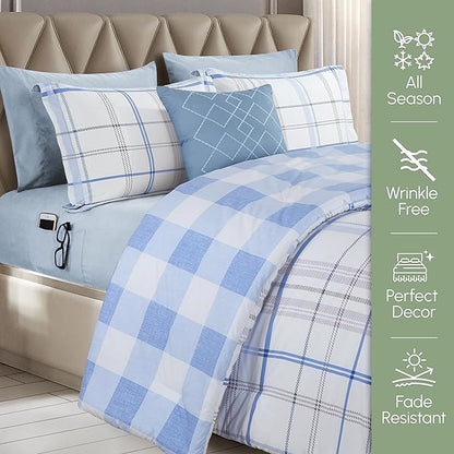 Elegant Comfort 8-Piece Lodge Plaid Reversible Comforter Set - All Season Bed in a Bag, 4-Piece Sheet Set Featuring Smart Pockets, Matching Shams and Decorative Pillow, Twin/Twin XL, Aqua