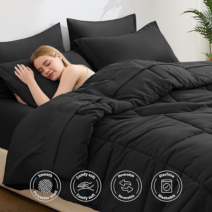 Love's cabin Full Comforter Set Ash Black, 7 Pieces Full Bed in a Bag, All Season Bedding Sets with 1 Comforter, 1 Flat Sheet, 1 Fitted Sheet, 2 Pillowcase and 2 Pillow Sham