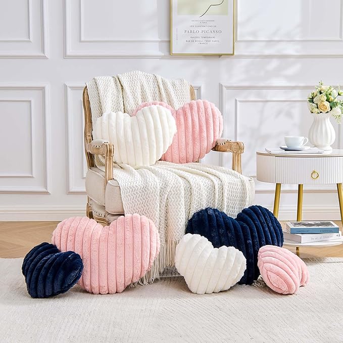 Heart Pillows Heart Decorative Pillow Soft Fluffy Heart Shaped Ivory Throw Pillows with Faux Rabbit Fur Aesthetic Room Decor Cute Pillow for Valentines Mother's Day