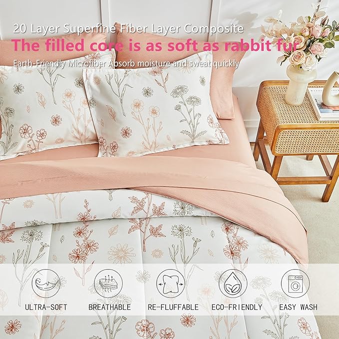 AIKASY Bed in a Bag 7 Pieces - Floral Print - Soft Microfiber, Reversible Bed Comforter Set (1 Comforter, 2 Pillow Shams, 1 Flat Sheet, 1 Fitted Sheet, 2 Pillowcases) (Sea Green, Queen)