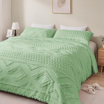 Boho Queen Comforter Set Sage Green with Sheets, 3 Pieces Tufted Queen Comforter Sets Boho Bedding Cream Soft Warm Neutral Comforter Sets for All Seasons