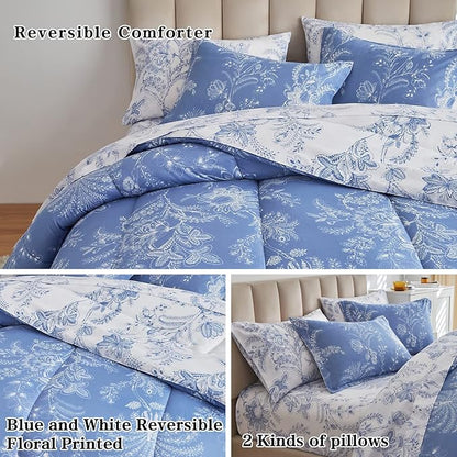 Flysheep Botanical Bed in a Bag Twin Size 6 Pieces, Reversible Blue and White Flower Printed Comforter Bedding Set (1 Comforter, 1 Flat Sheet, 1 Fitted Sheet, 2 Pillow Shams and 1 Pillowcase)