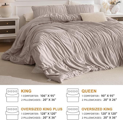 Masaca Oversized King Comforter 120x120,3 Pieces Taupe Ruched Comforter Extra Large,Ruffle Cal King Bed Comforter Oversized Lightweight Shabby Farmhouse Bedroom Bedding Set Ultra Soft
