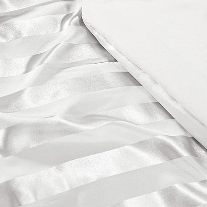 Whale Flotilla 3-Piece Reversible Silky Soft Queen Comforter Set, Luxury Stripe Satin Comforters Full Size Bedding Set with 2 Satin Pillowcases, Lightweight Duvet for All Seasons, White