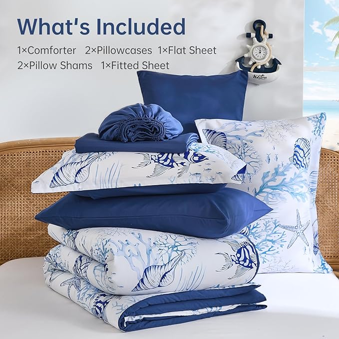 WONGS BEDDING Coastal Queen Size Comforter,7 Pieces Beach Nautical Themed Bed in a Bag Bedding Set,Ocean Coral Starfish Pattern Soft Comforters for All Season, 90"x90"