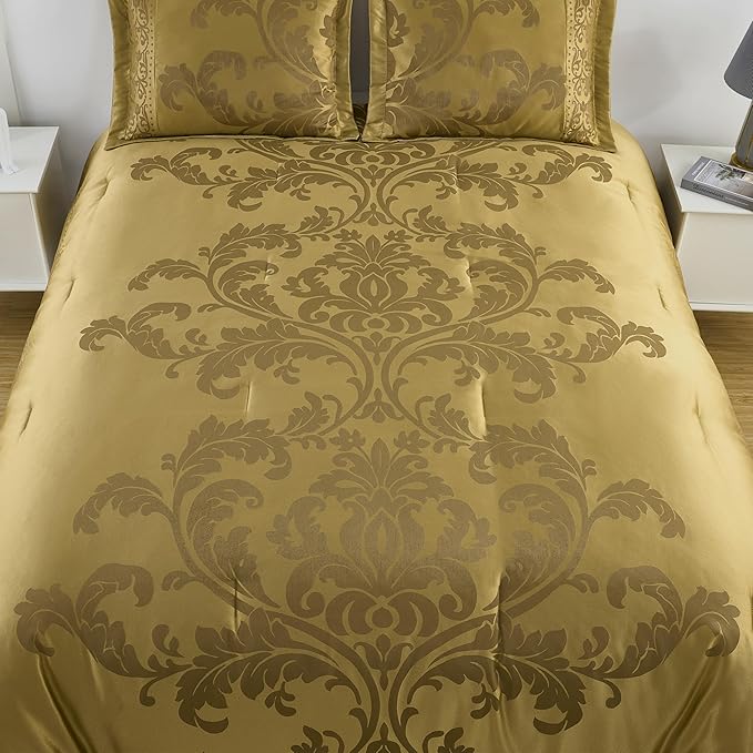 Chezmoi Collection 7-Piece Jacquard Floral Comforter Set (King, Gold)