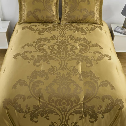 Chezmoi Collection Royale 7-Piece Jacquard Floral Comforter Set, Oversized King, Gold