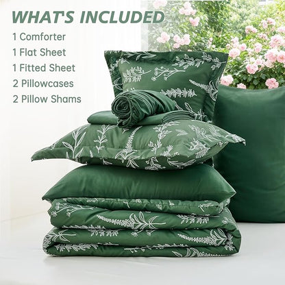 MUXHOMO Dark Green Cal King Comforter Set, Elegant Floral Print Bed in a Bag 7 Pieces, Ultra Soft & Breathable Reversible Botanical Pattern Bedding Set with Comforter, Sheets, Pillowcases, and Shams