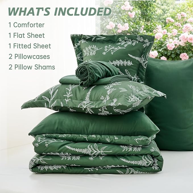 MUXHOMO Dark Green King Comforter Set, Elegant Floral Print Bed in a Bag 7 Pieces, Ultra Soft & Breathable Reversible Botanical Pattern Bedding Set with Comforter, Sheets, Pillowcases, and Shams