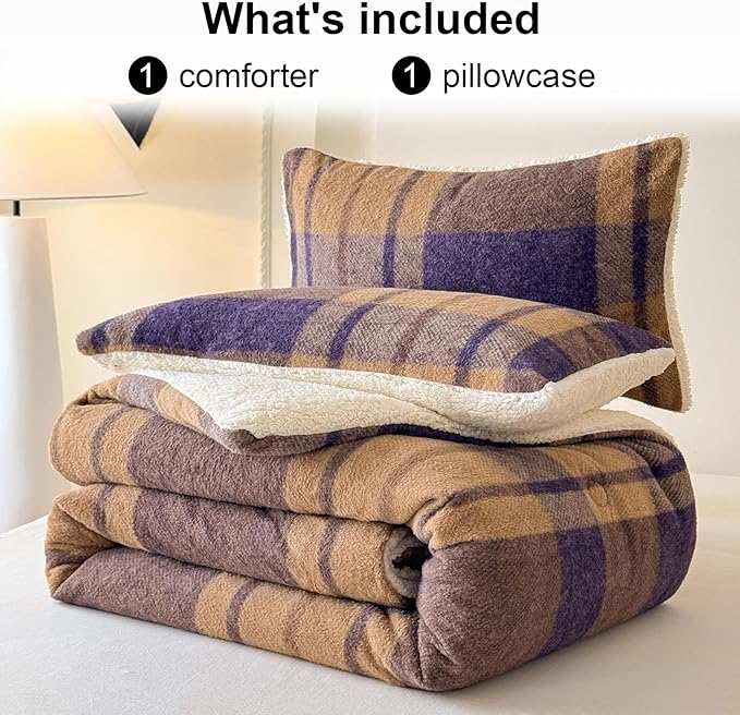 Cyusri Plaid Sherpa Comforter Set 2Pcs Fluffy Warm Fleece Down Alternative, Khaki Blue Grid Pattern Bedding Set with 1 Pillowcase, Twin Size 68"x90"