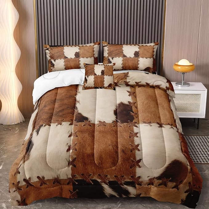 MOVE OVER Brown Cowhide Comforter Set Western Style Patchwork Cow Printed Bedding Set 4 Pieces Soft Microfiber Western Ranch Style Cowboy Chic Comforter Sets for Bedroom Decor