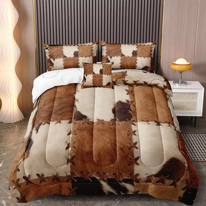 MOVE OVER Brown Cowhide Comforter Set Western Style Patchwork Cow Printed Bedding Set 4 Pieces Soft Microfiber Western Ranch Style Cowboy Chic Comforter Sets for Bedroom Decor