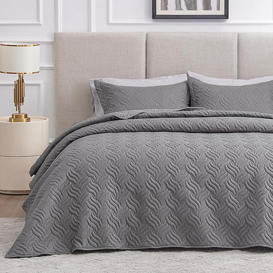 Love's cabin Twin Quilt Bedding Set Grey Bedspreads - Soft Bed Summer Lightweight Bedspread Comforter - Wave Pattern Bedding Coverlet for All Season - 2 Pieces (1 Quilt, 1 Pillow Sham)