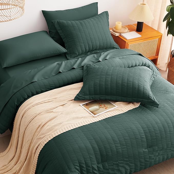 CozyLux Oversized Queen Comforter Set Forest Green Seersucker 7 Pieces 98x98 Bed in a Bag Comforter Set with Sheets, Luxury Bedding Sets with Down Alternative Comforter, Sheets, Pillowcases & Shams