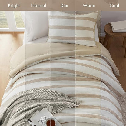 Madison Park Essentials Striped Comforter Set Twin Size, Yarn-Dyed Reversible Comforter with Minimalist Stripes, Crinkled Texture Bedding Set for All-Season Lightweight Warmth, Merritt Taupe