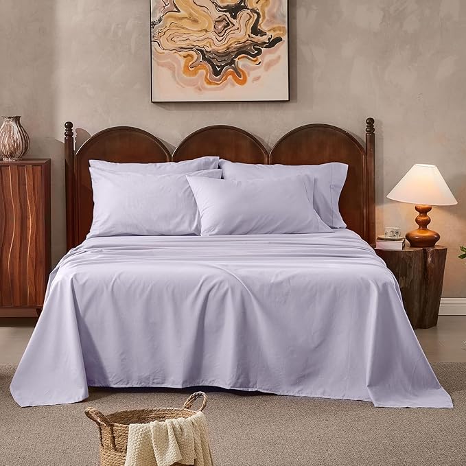 100% Linen Sheets California King Size,Breathable & Durable 4-Piece Bed Flax Sheet Set,Soft All-Season Bedding for Hot Sleepers 16" Deep Pocket Oeko-TEX Certified,（Cal King, Light Purple）