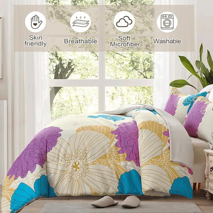 Yiran Pink Teal Beige Comforter Set King Size,7 Pieces Bed in a Bag Colourful Floral Comforter Boho Microfiber Lightweight Bedding Set for All Season (104''x90'')