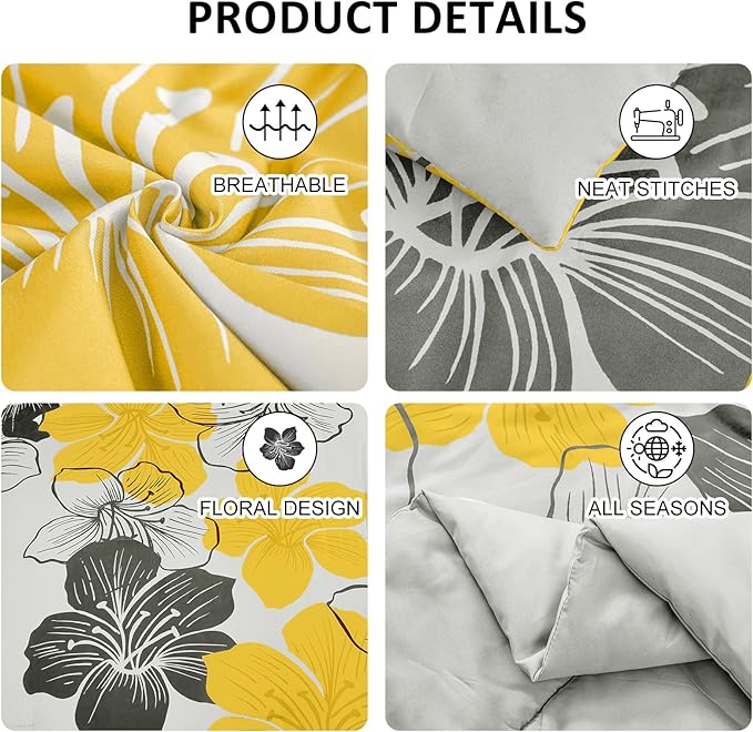Menghomeus California King Comforter Set Yellow Floral Pattern Printed On Grey Cal King Bedding Set Soft Microfiber Boho Bed Set for All Season, 3 Pieces