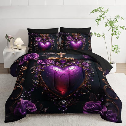 7 Piece Heart Comforter Set Full Purple，Flower Heart Pattern Full Bedding Set，(1 Comforter, 1 Flat Sheet, 1 Fitted Sheet, 2 Pillowcase and 2 Pillow Sham)