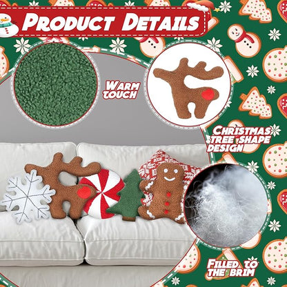Cumule 5 Pcs Christmas Throw Pillows Cute Xmas Tree Candy Gingerbread Reindeer Snowflake Shaped Plush Pillow for Christmas Winter Holiday Party Outdoor Bedroom Cushion Decoration