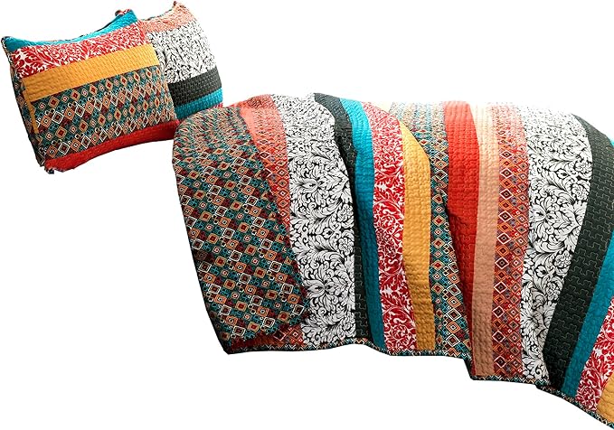 Lush Decor Boho Stripe Reversible Cotton Quilt 3-Piece Set, Full/ Queen, Turquoise & Tangerine - Bold Colorful Bohemian Bedding Set
